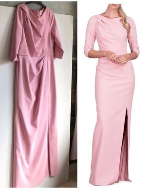 Kay Unger Pink Long Sleeves Margerite Pleated Column Gown Size 12